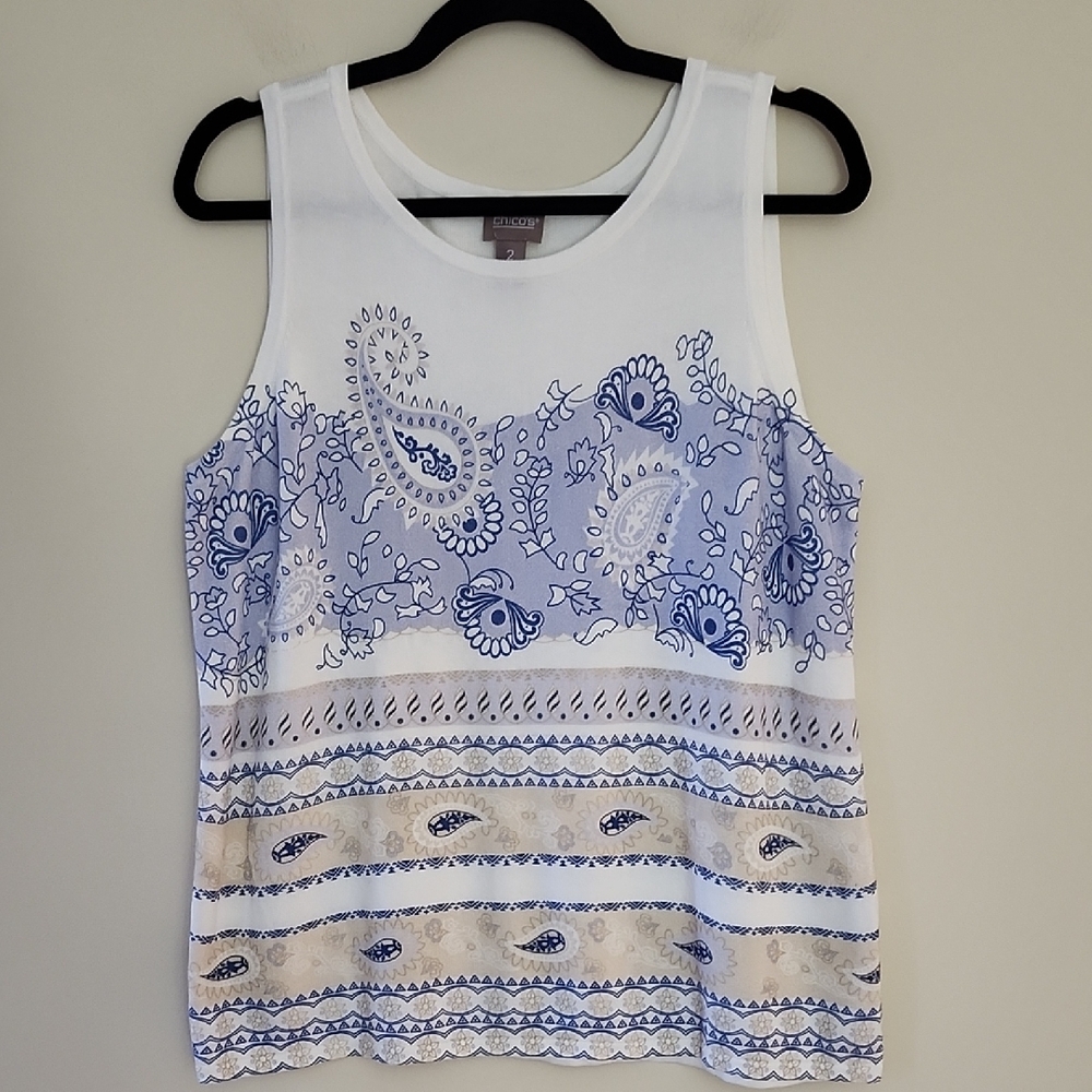 Chico's Knit Tank with Blue Paisley & Border Print (Large) Like New Size Large